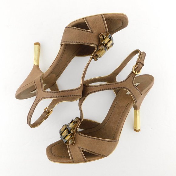 MIU MIU Crystal Gemstone Embellishment Brown T-strap Heel Pump Sandals 38.5 - Picture 6 of 9